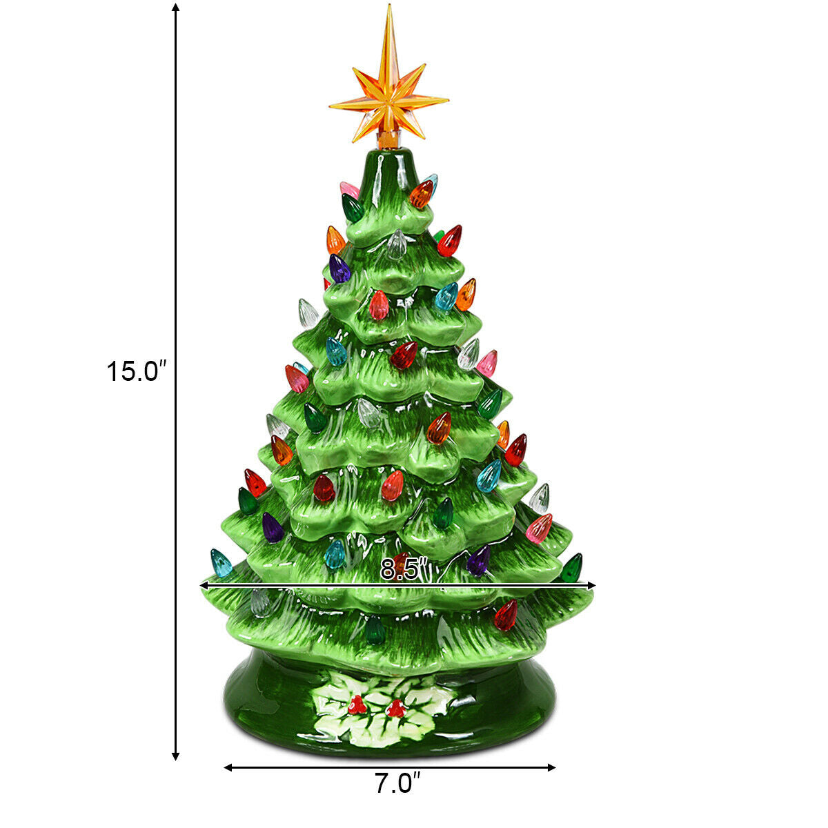 15 Inch Pre-Lit Hand-Painted Ceramic Christmas Tree-GreenÂ