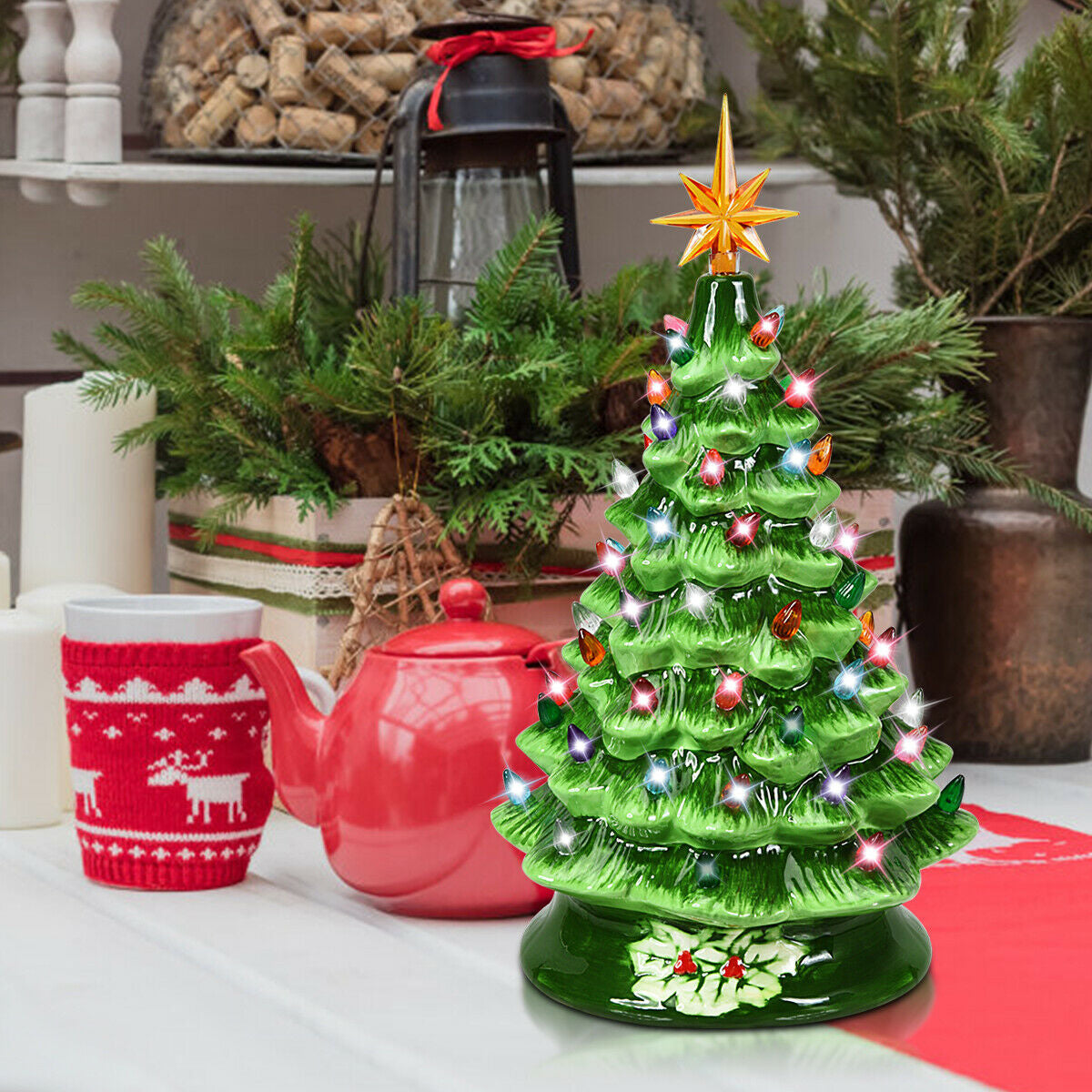 15 Inch Pre-Lit Hand-Painted Ceramic Christmas Tree-GreenÂ