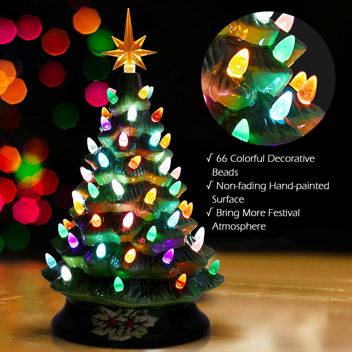 15 Inch Pre-Lit Hand-Painted Ceramic Christmas Tree-GreenÂ