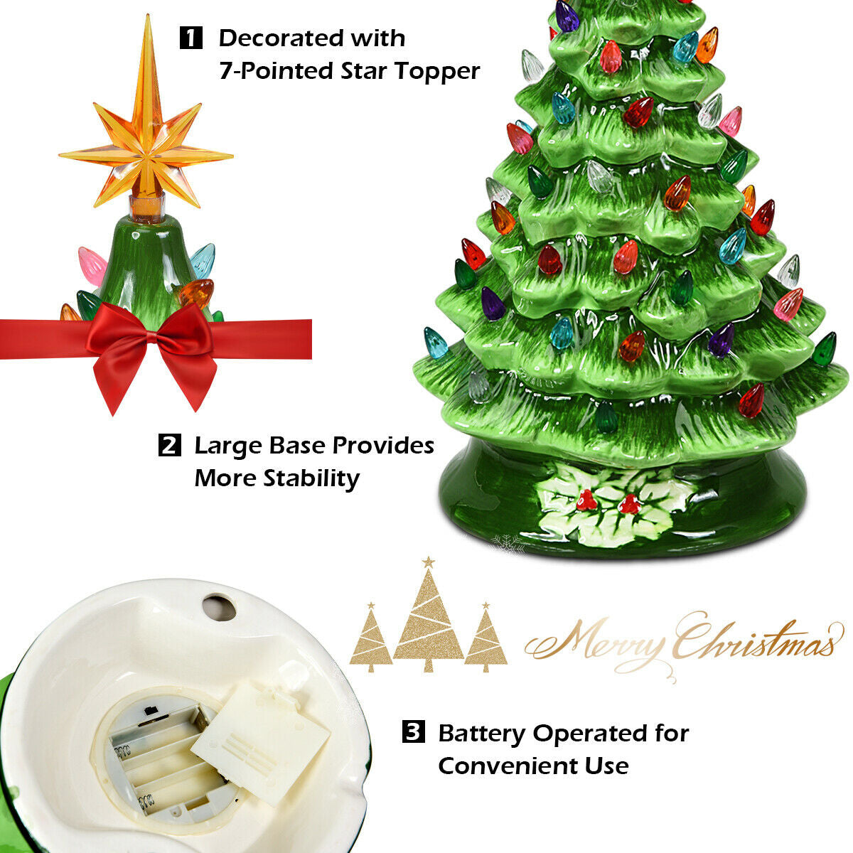 15 Inch Pre-Lit Hand-Painted Ceramic Christmas Tree-GreenÂ