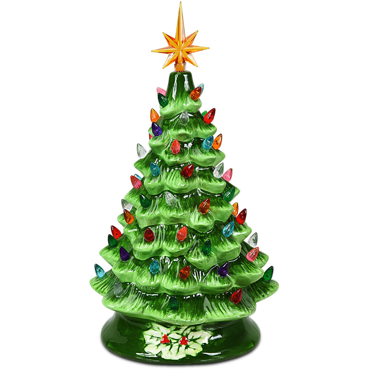 15 Inch Pre-Lit Hand-Painted Ceramic Christmas Tree-GreenÂ