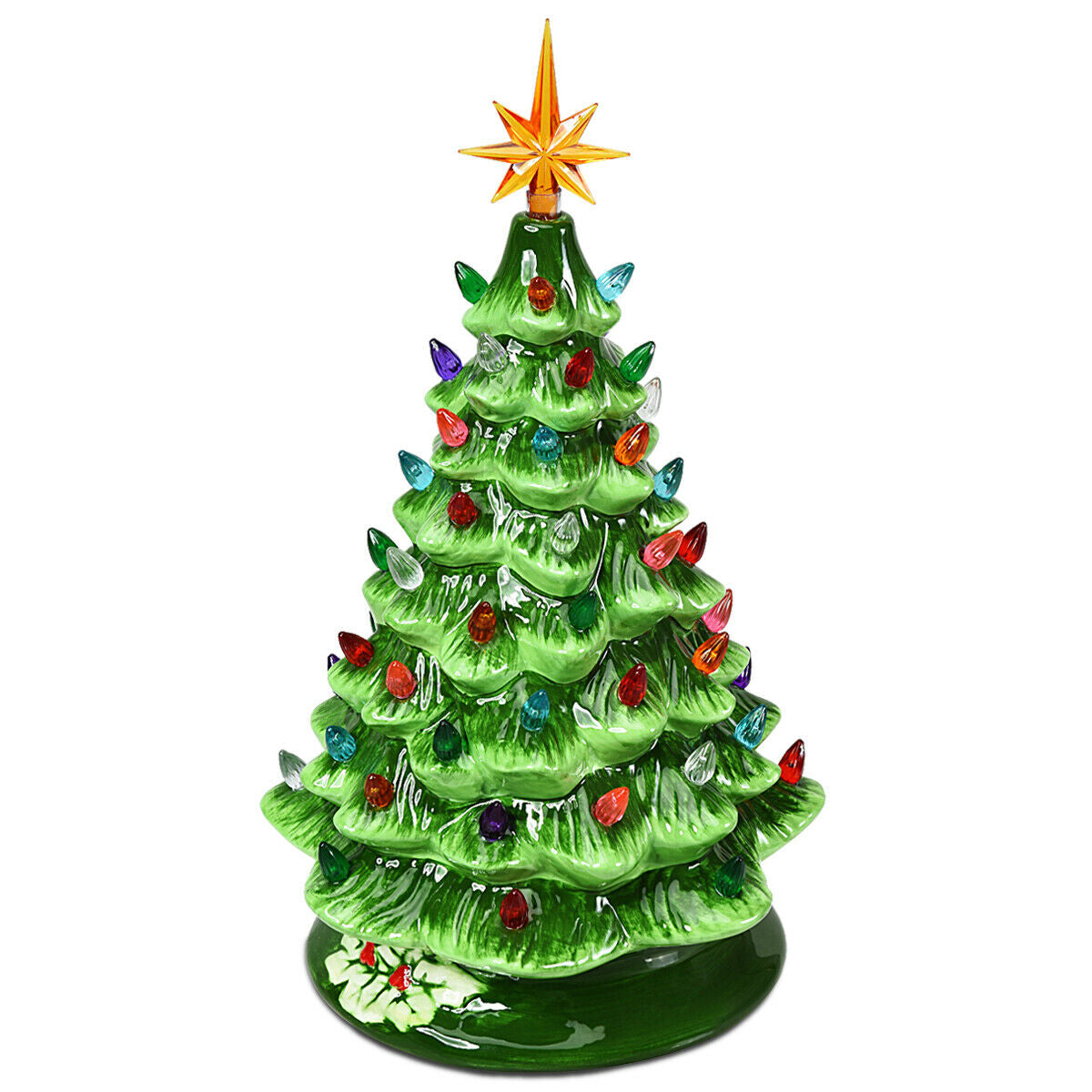 15 Inch Pre-Lit Hand-Painted Ceramic Christmas Tree-GreenÂ