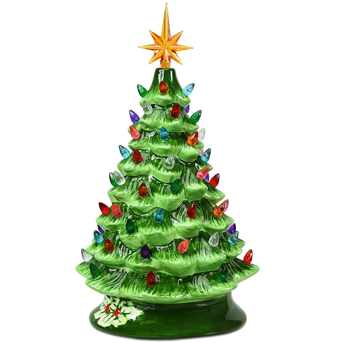 15 Inch Pre-Lit Hand-Painted Ceramic Christmas Tree-GreenÂ