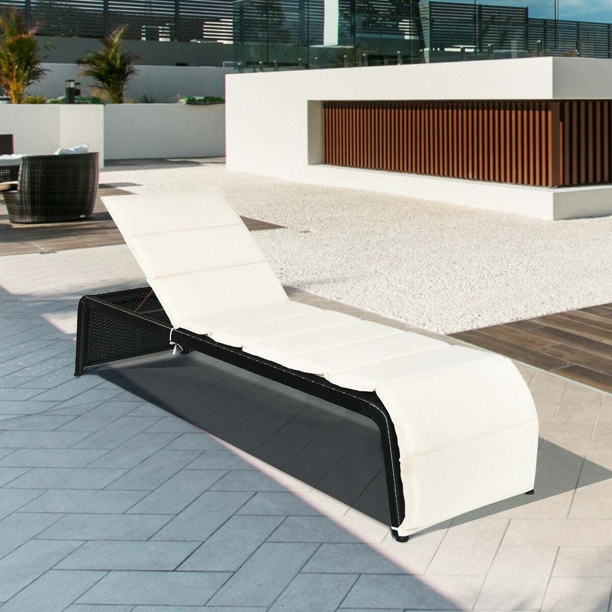 Patio Rattan Lounge Chair Back Adjustable Chaise Recliner with Cushions-WhiteÂ