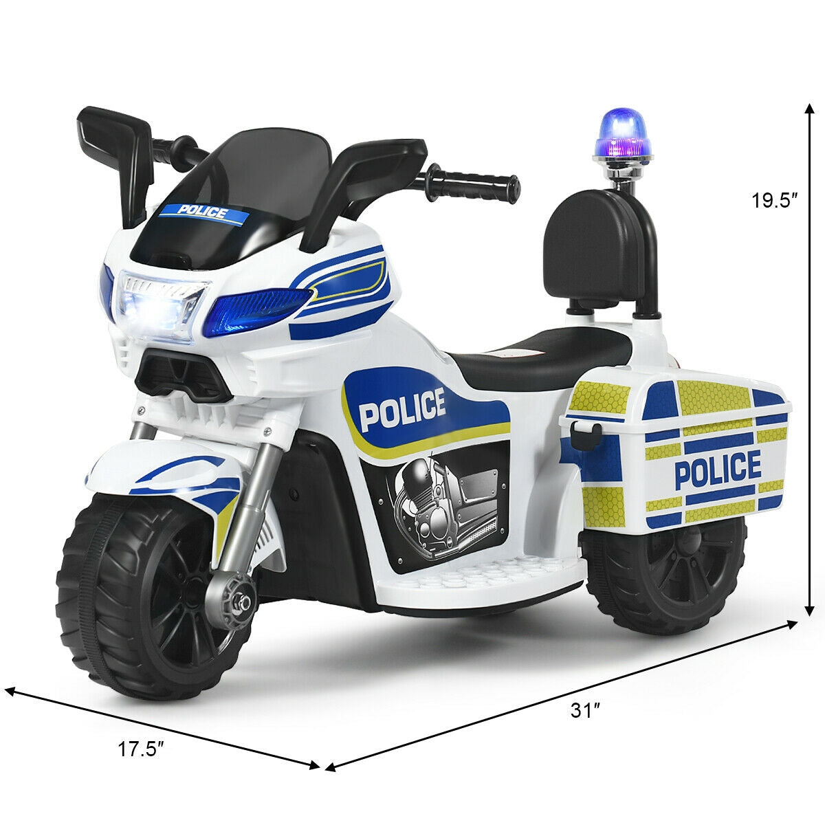 6V 3-Wheel Kids Police Ride On Motorcycle with BackrestÂ