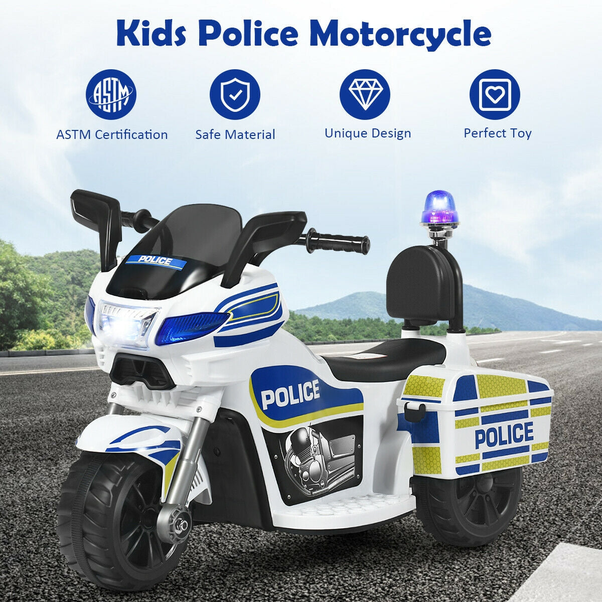 6V 3-Wheel Kids Police Ride On Motorcycle with BackrestÂ