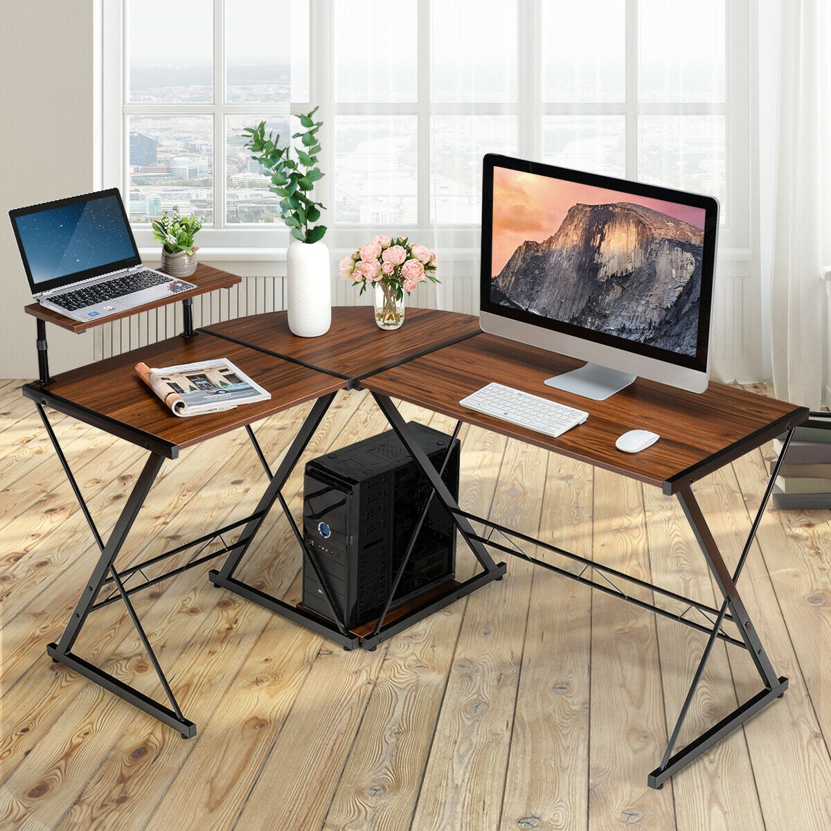 L-Shaped Computer Gaming Desk with Monitor Stand and Host Tray-WalnutÂ