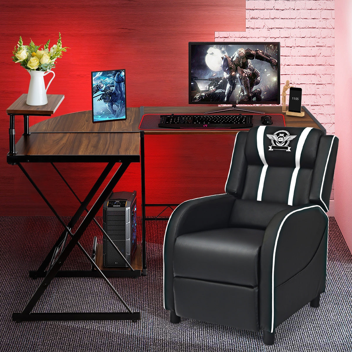 L-Shaped Computer Gaming Desk with Monitor Stand and Host Tray-WalnutÂ