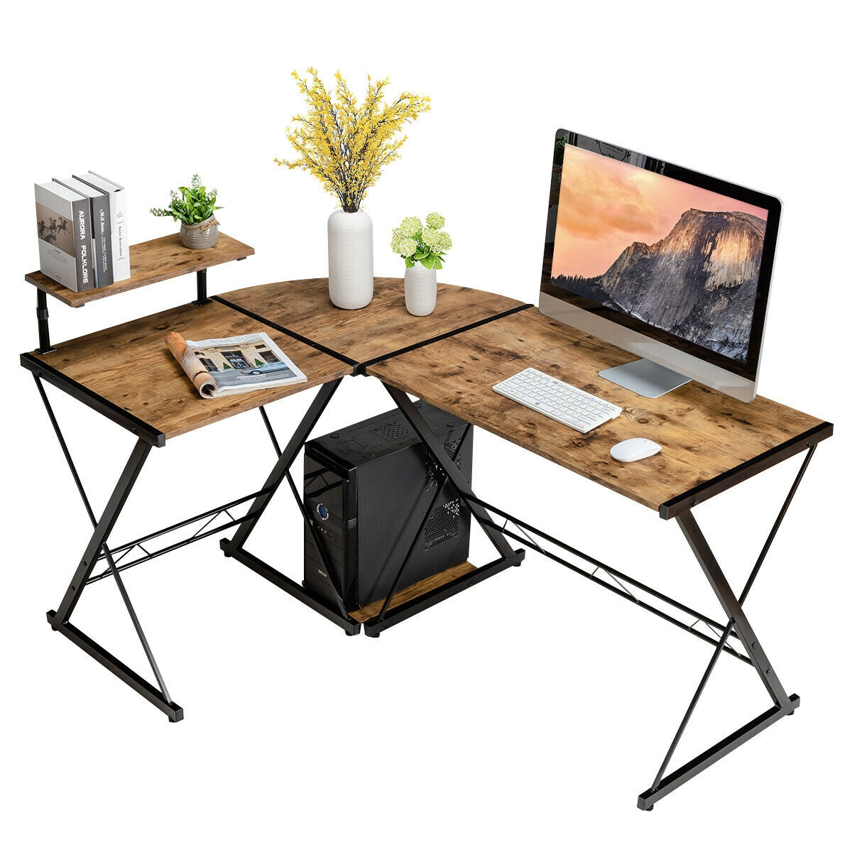 L-Shaped Computer Gaming Desk with Monitor Stand and Host Tray-Rustic BrownÂ