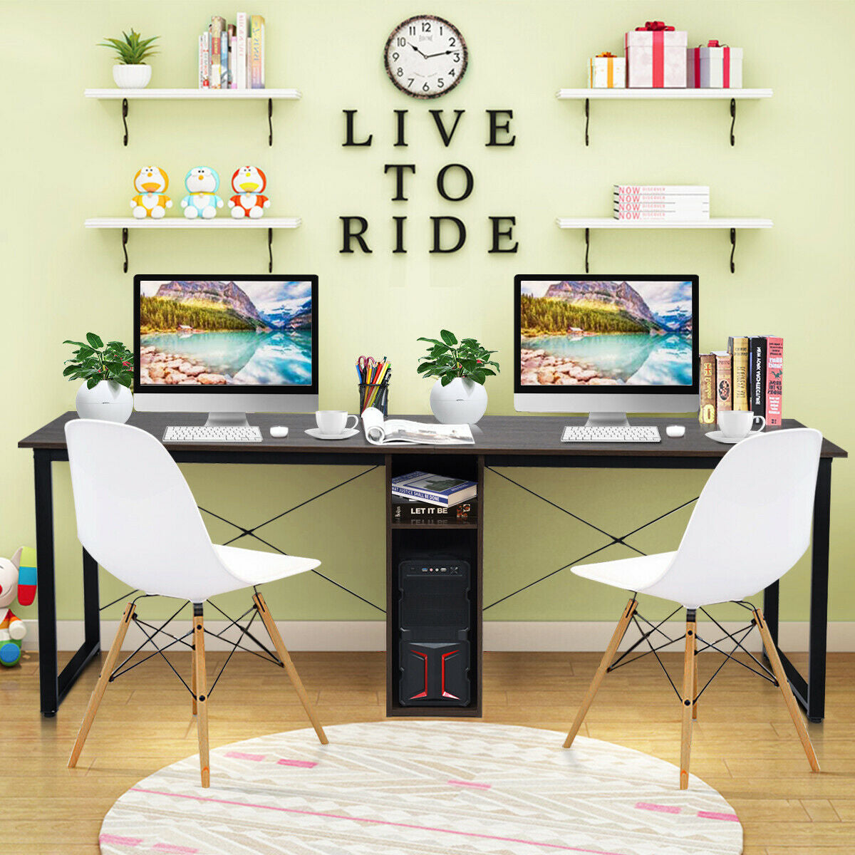 2-Person 79 Inch Computer Desk with Spacious Desktop and CabinetÂ