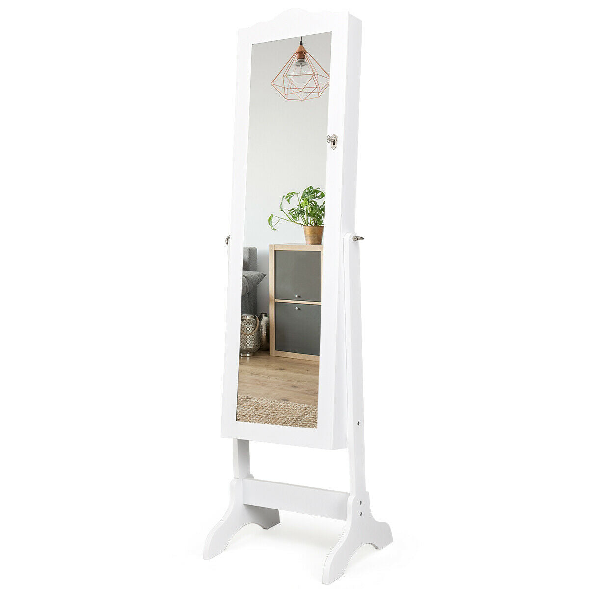 Mirrored Lockable Jewelry Cabinet Armoire Organizer Storage Box-WhiteÂ
