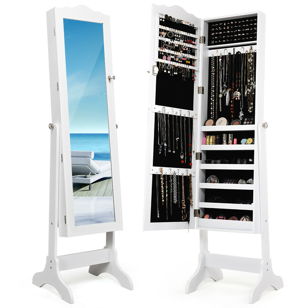 Mirrored Lockable Jewelry Cabinet Armoire Organizer Storage Box-WhiteÂ