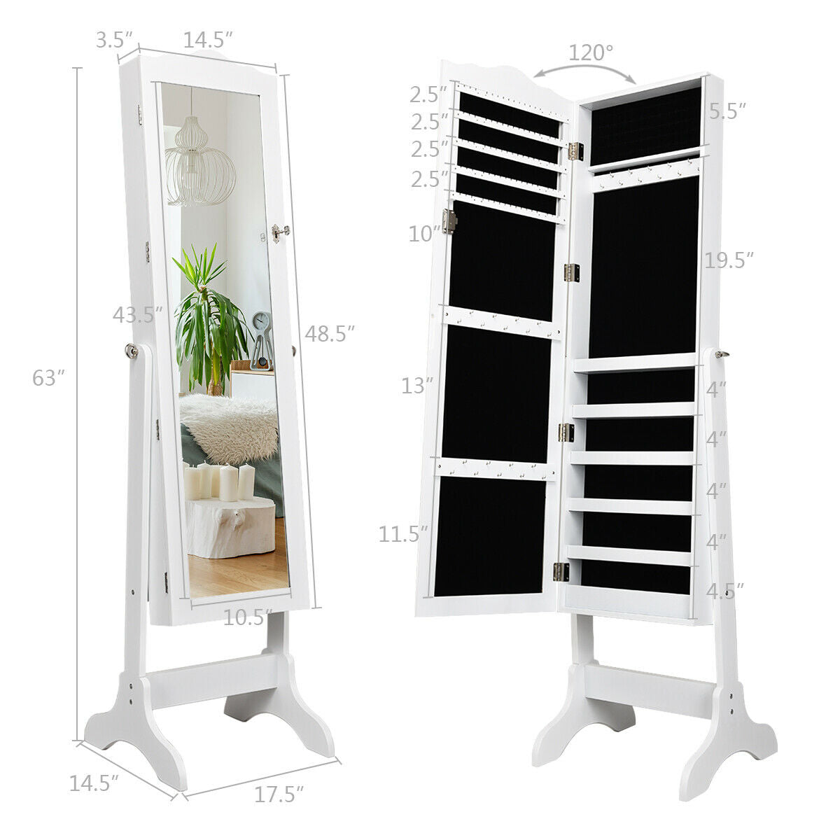 Mirrored Lockable Jewelry Cabinet Armoire Organizer Storage Box-WhiteÂ