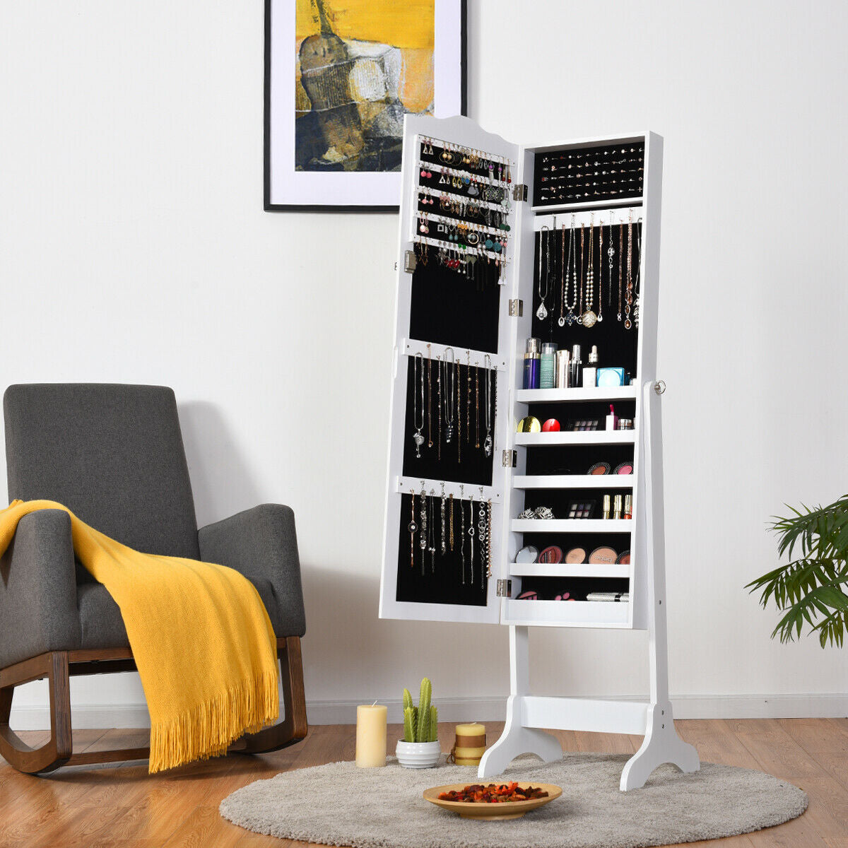 Mirrored Lockable Jewelry Cabinet Armoire Organizer Storage Box-WhiteÂ