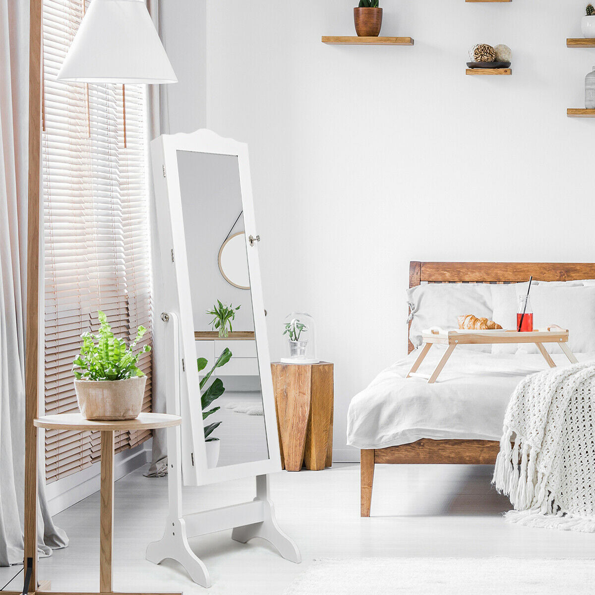 Mirrored Lockable Jewelry Cabinet Armoire Organizer Storage Box-WhiteÂ