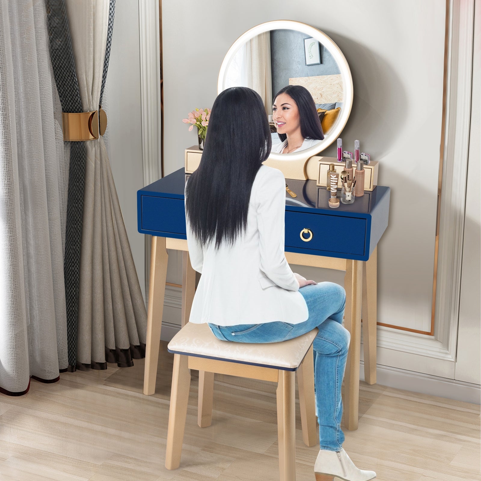 Makeup Vanity Table Set 3 Color Lighting Dressing Table-BlueÂ
