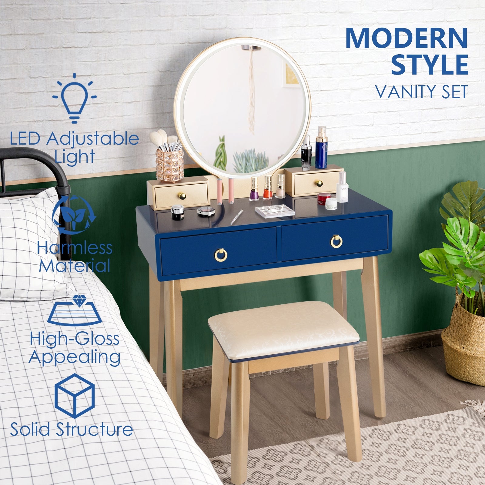 Makeup Vanity Table Set 3 Color Lighting Dressing Table-BlueÂ