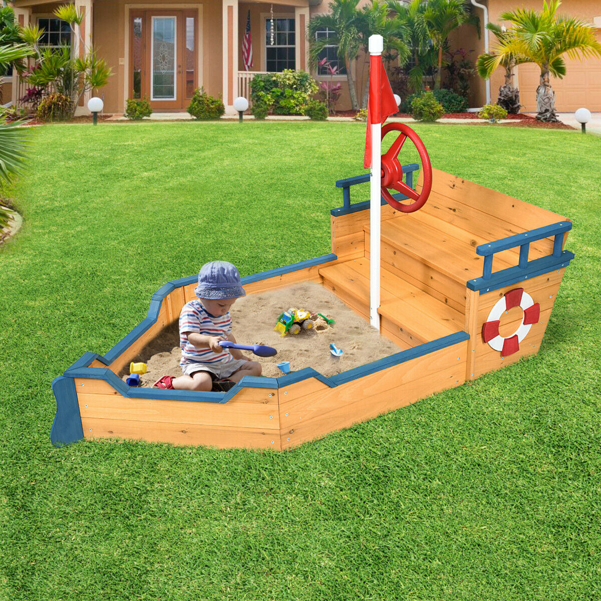 Wooden Pirate Boat Wood Sandbox for KidsÂ