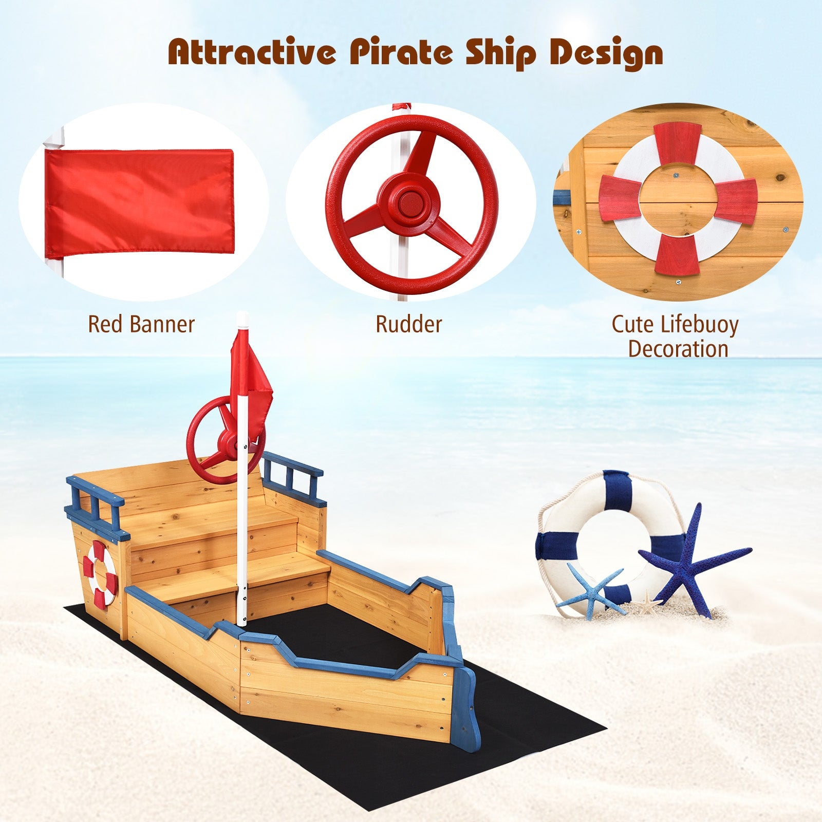Wooden Pirate Boat Wood Sandbox for KidsÂ