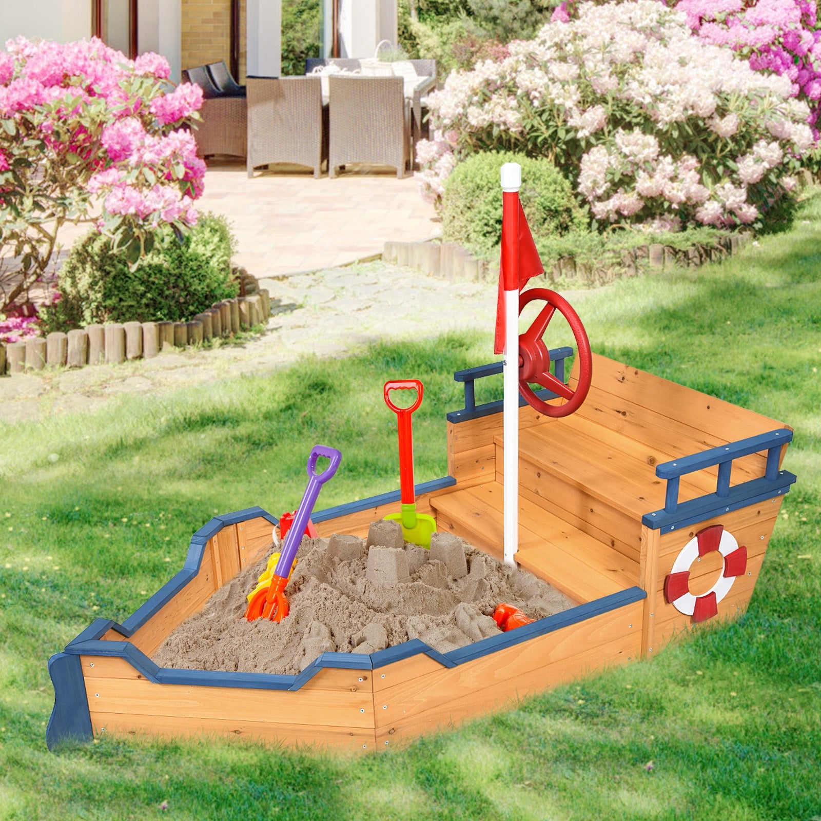 Wooden Pirate Boat Wood Sandbox for KidsÂ