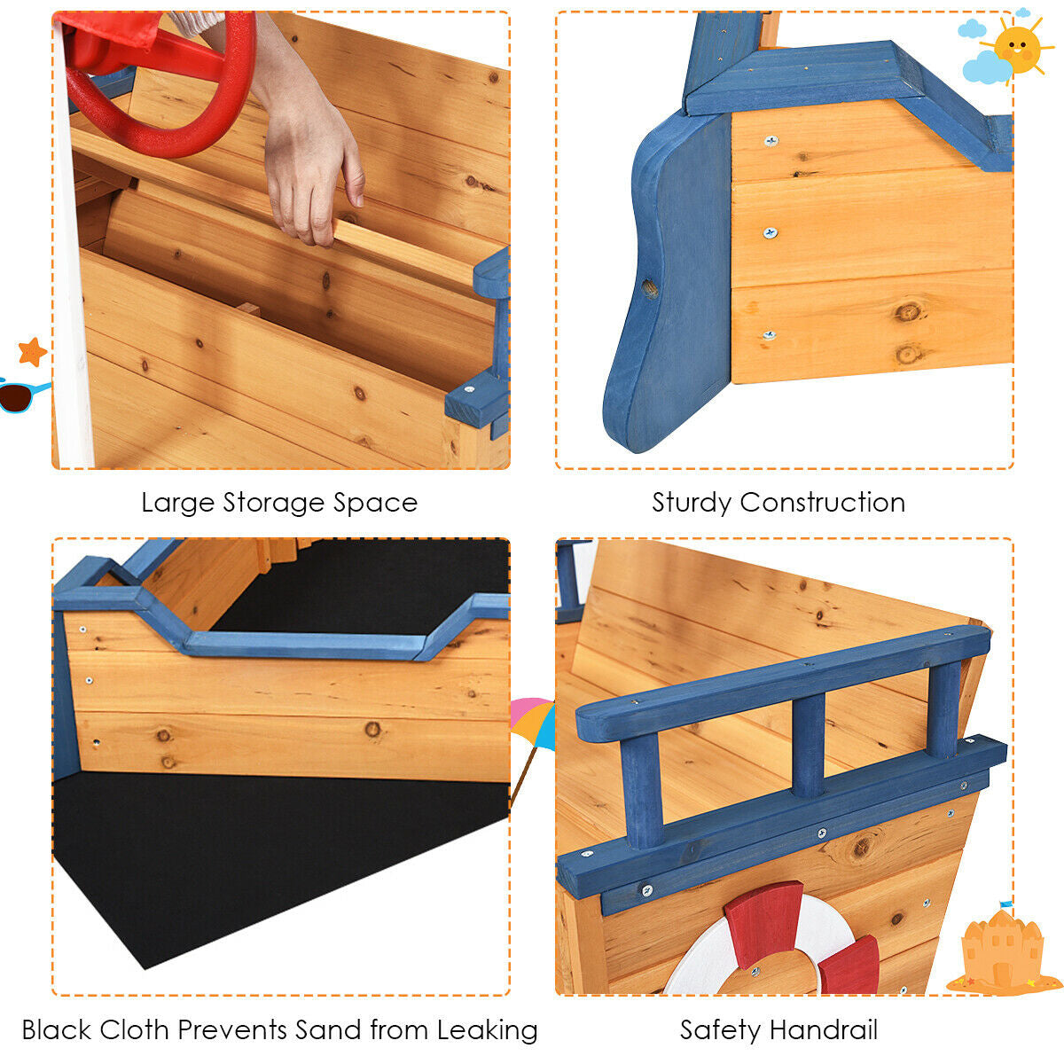 Wooden Pirate Boat Wood Sandbox for KidsÂ