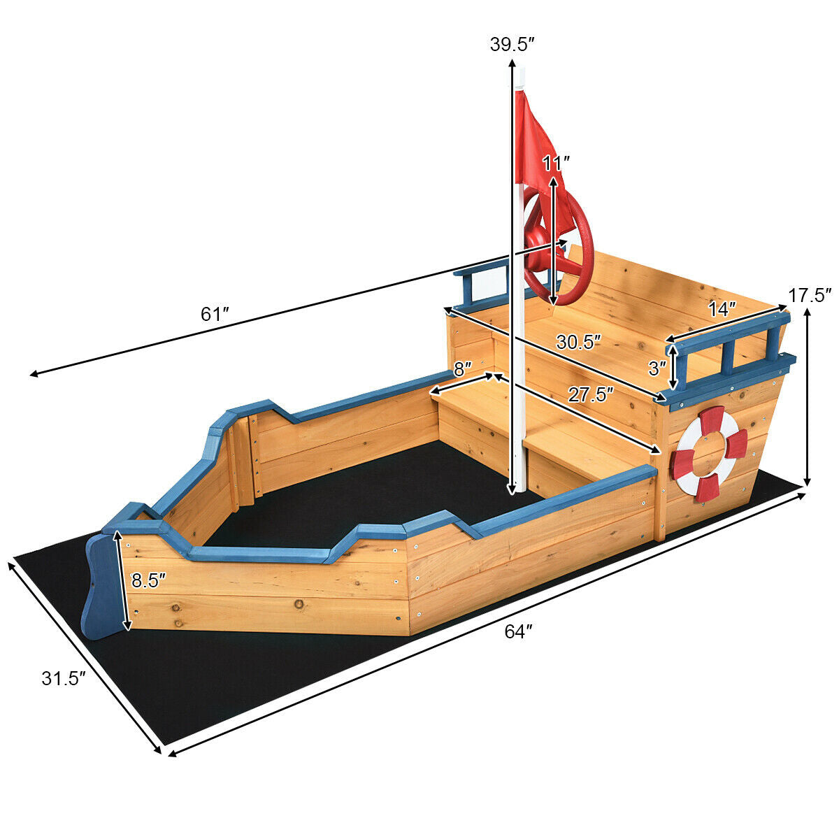 Wooden Pirate Boat Wood Sandbox for KidsÂ