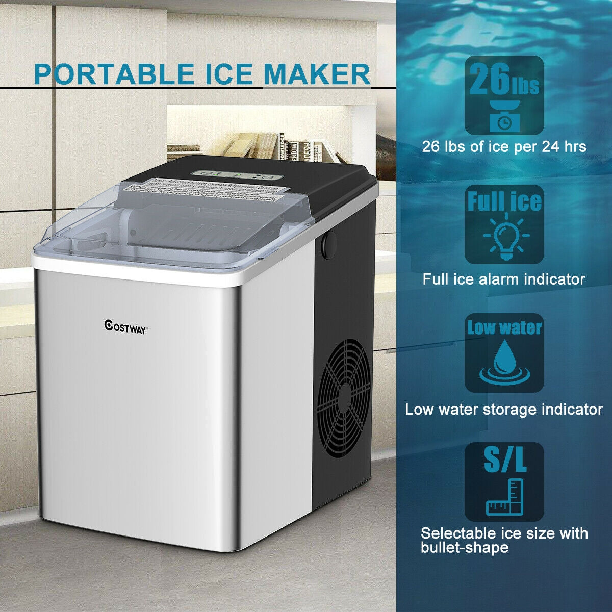 26 lbs/24 H Self-Clean Stainless Steel Ice MakerÂ