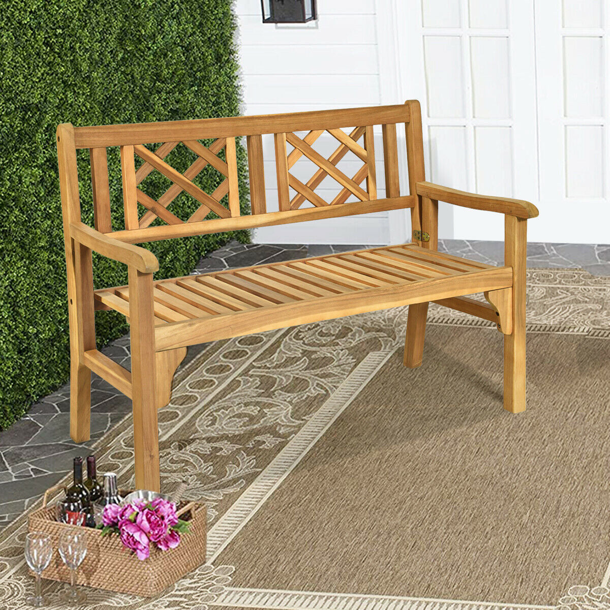 Patio Foldable Bench with Curved Backrest and ArmrestÂ