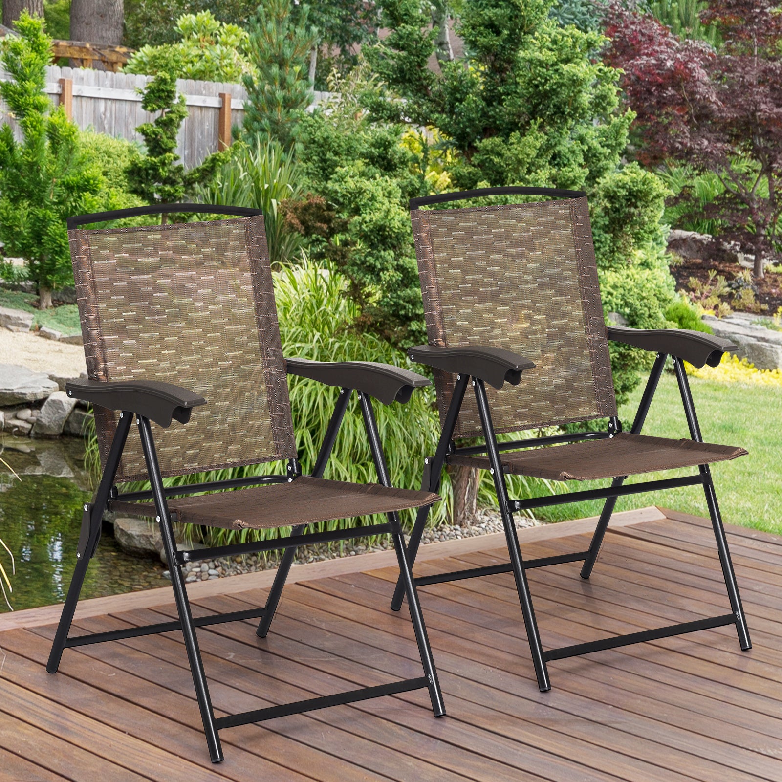 4 Pieces Folding Dining Chairs with Steel Armrests and Sling BackÂ
