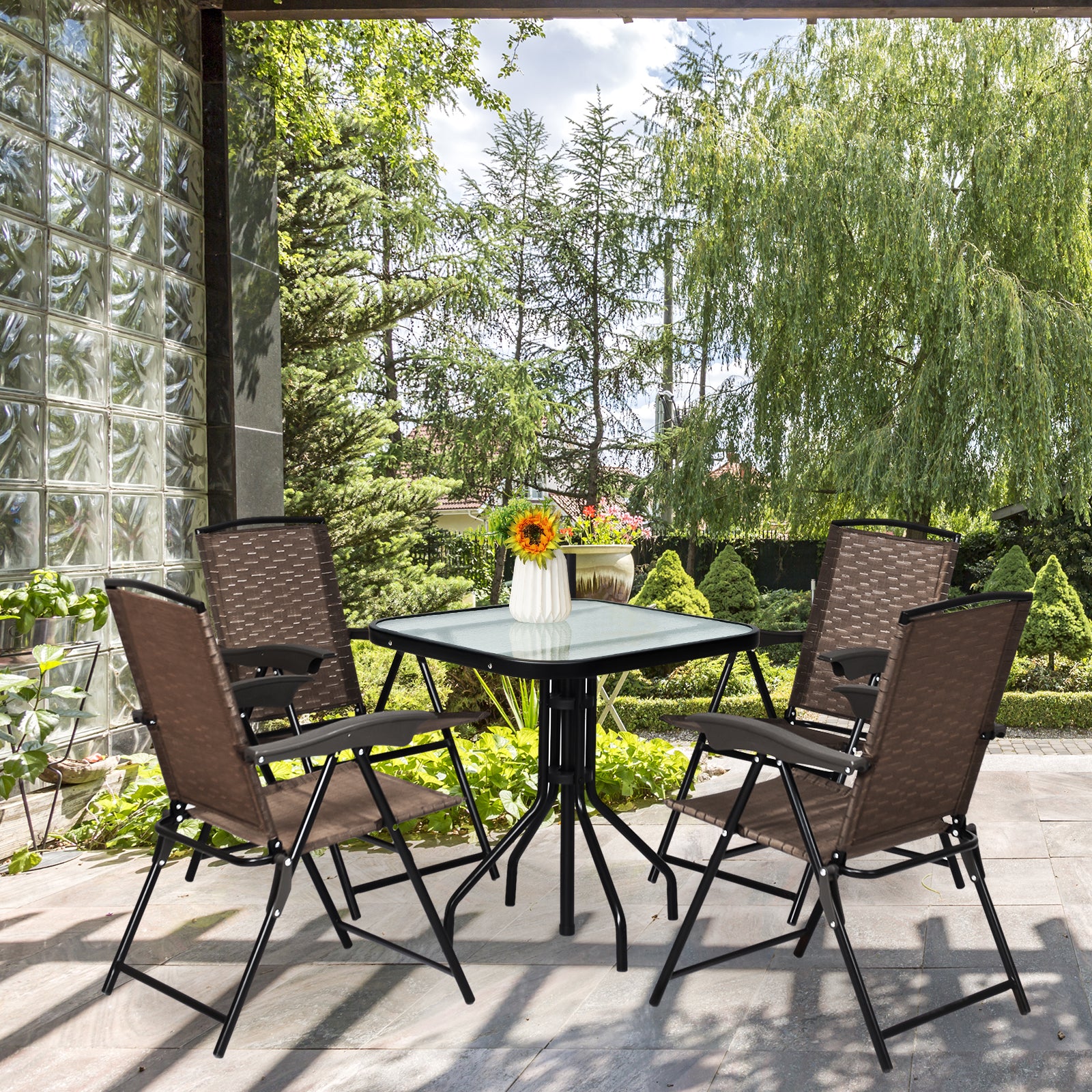 4 Pieces Folding Dining Chairs with Steel Armrests and Sling BackÂ