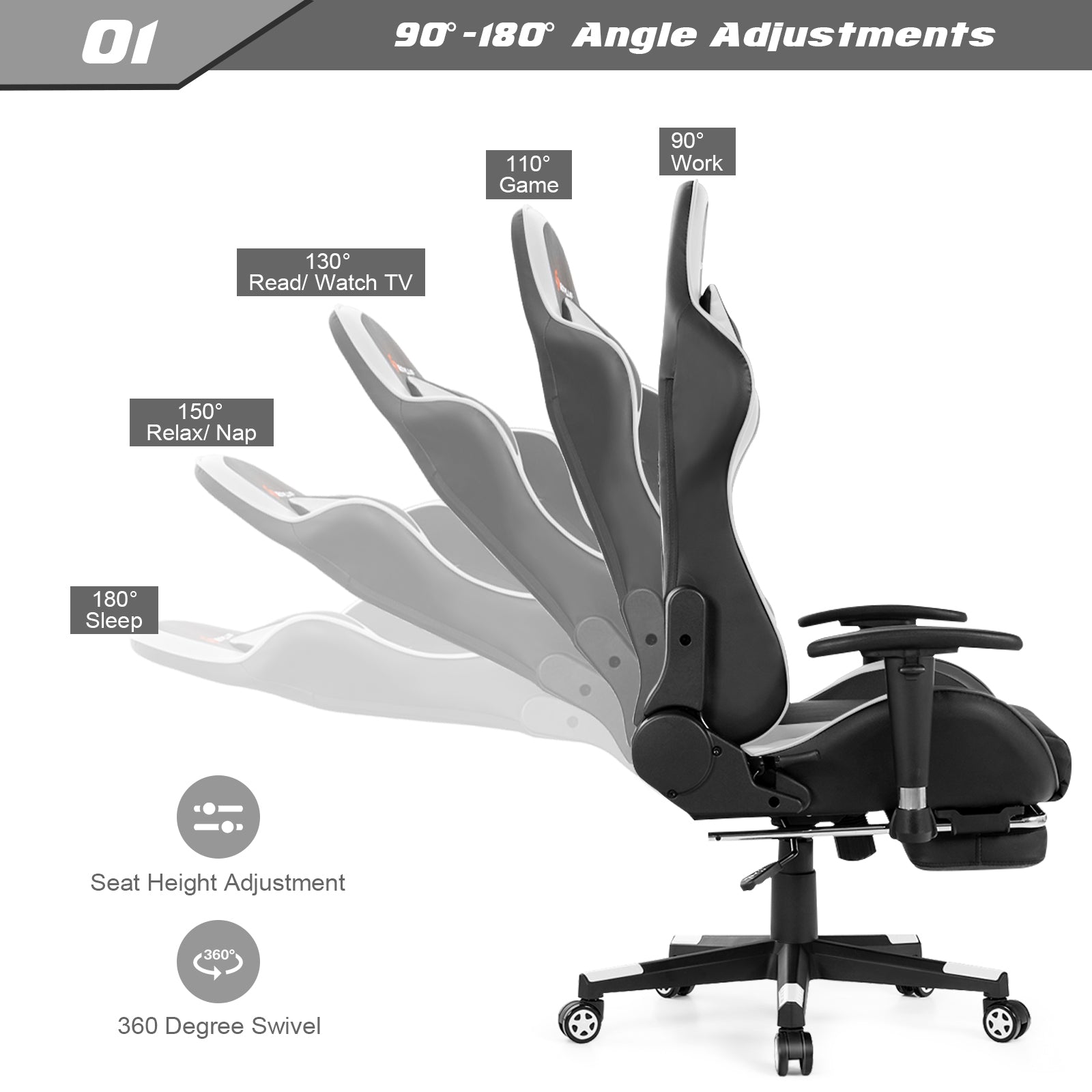 Massage Gaming Chair with Footrest-WhiteÂ