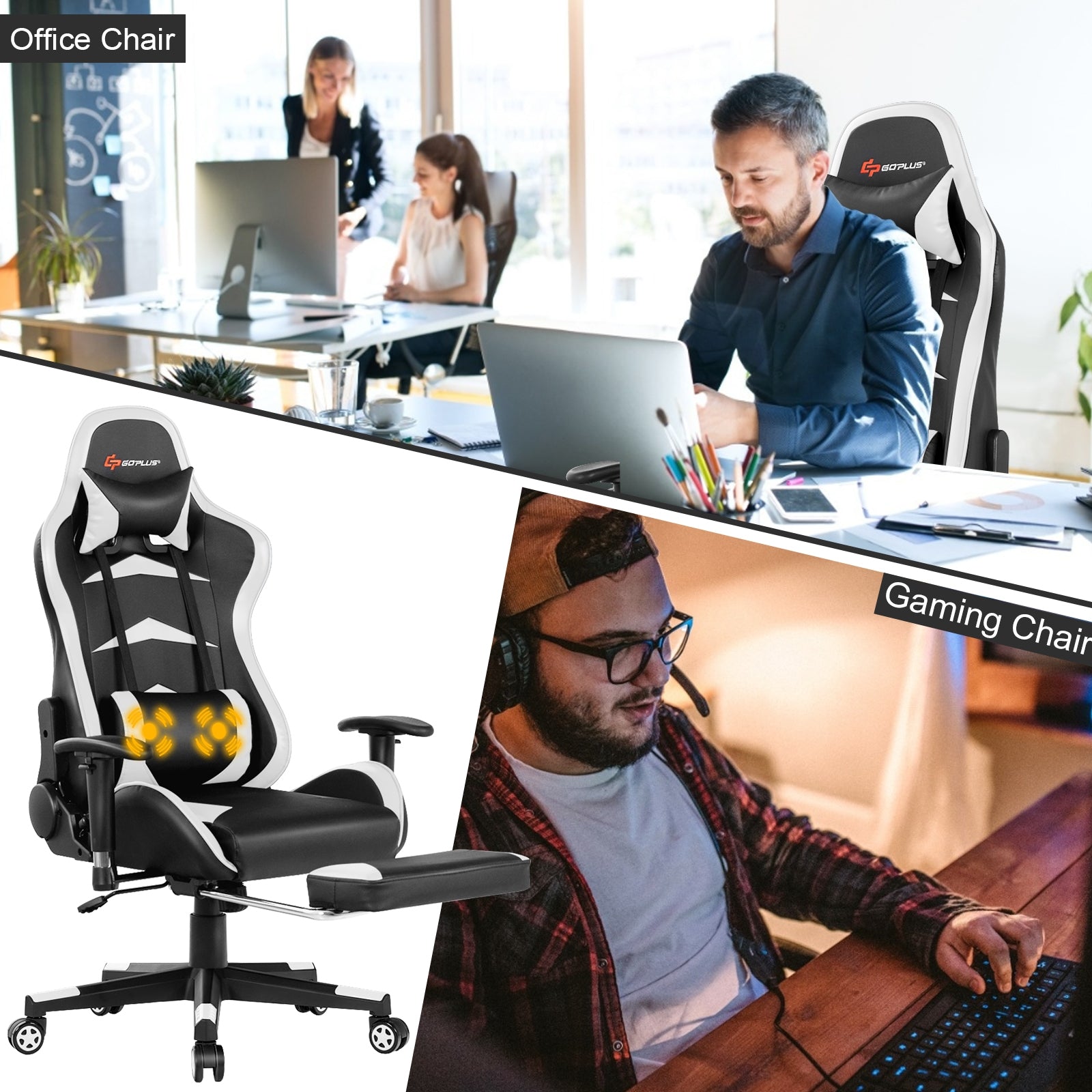 Massage Gaming Chair with Footrest-WhiteÂ