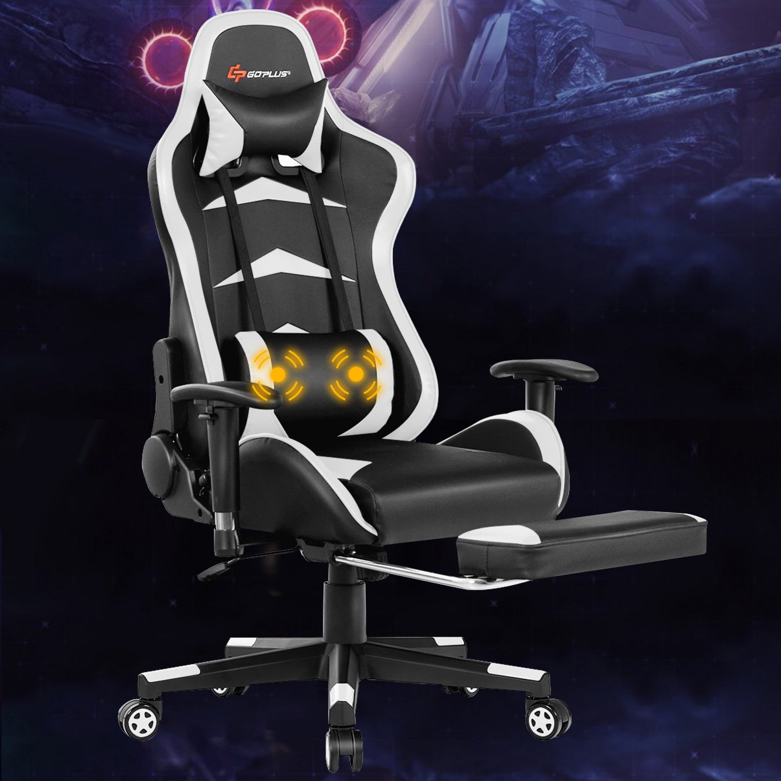 Massage Gaming Chair with Footrest-WhiteÂ