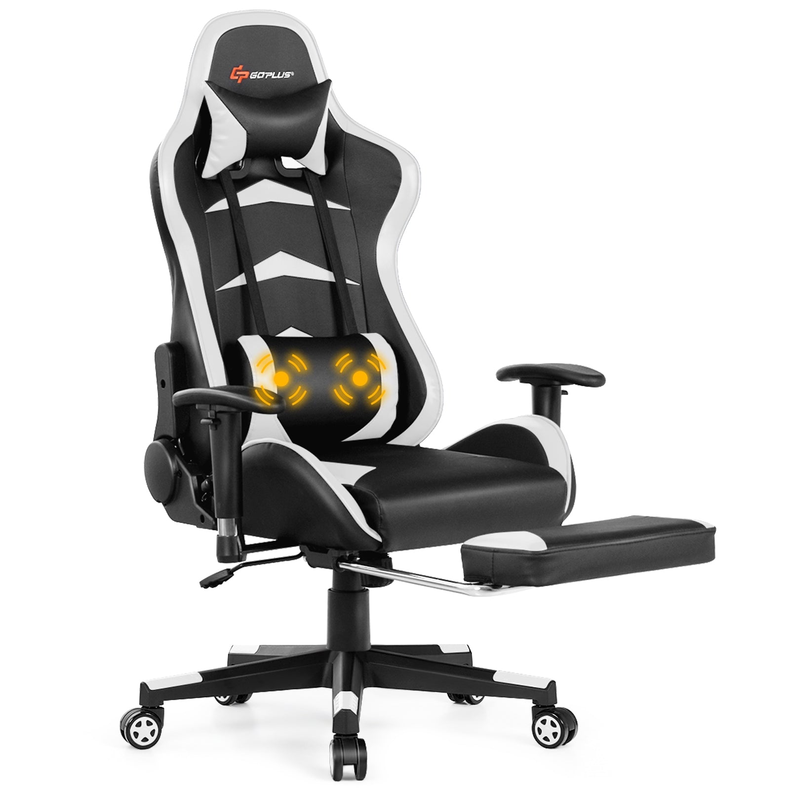 Massage Gaming Chair with Footrest-WhiteÂ