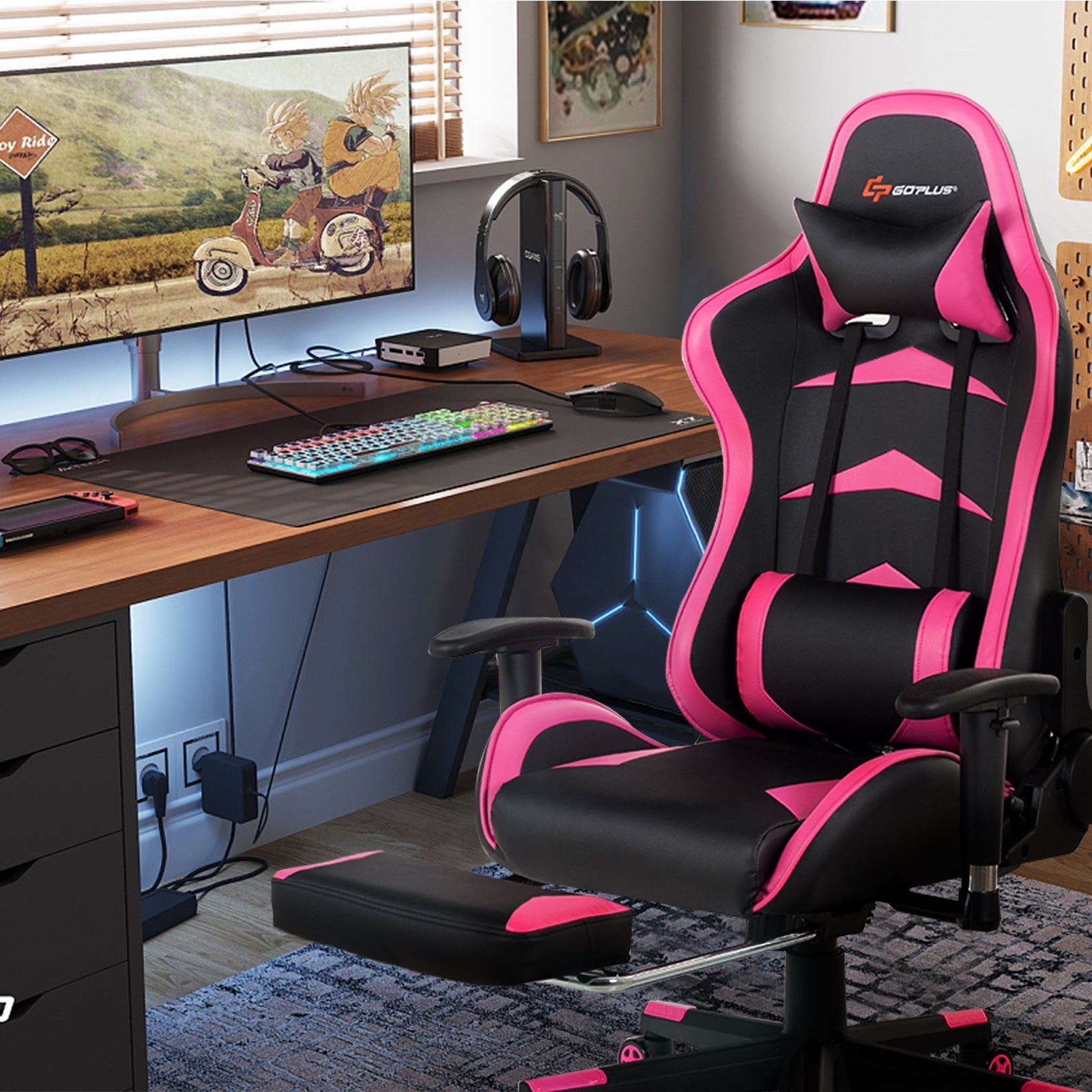 Massage Gaming Chair with Footrest-PinkÂ