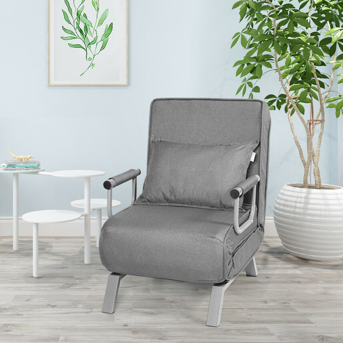 Folding 6 Position Convertible Sleeper Bed Armchair Lounge Couch with Pillow-GrayÂ