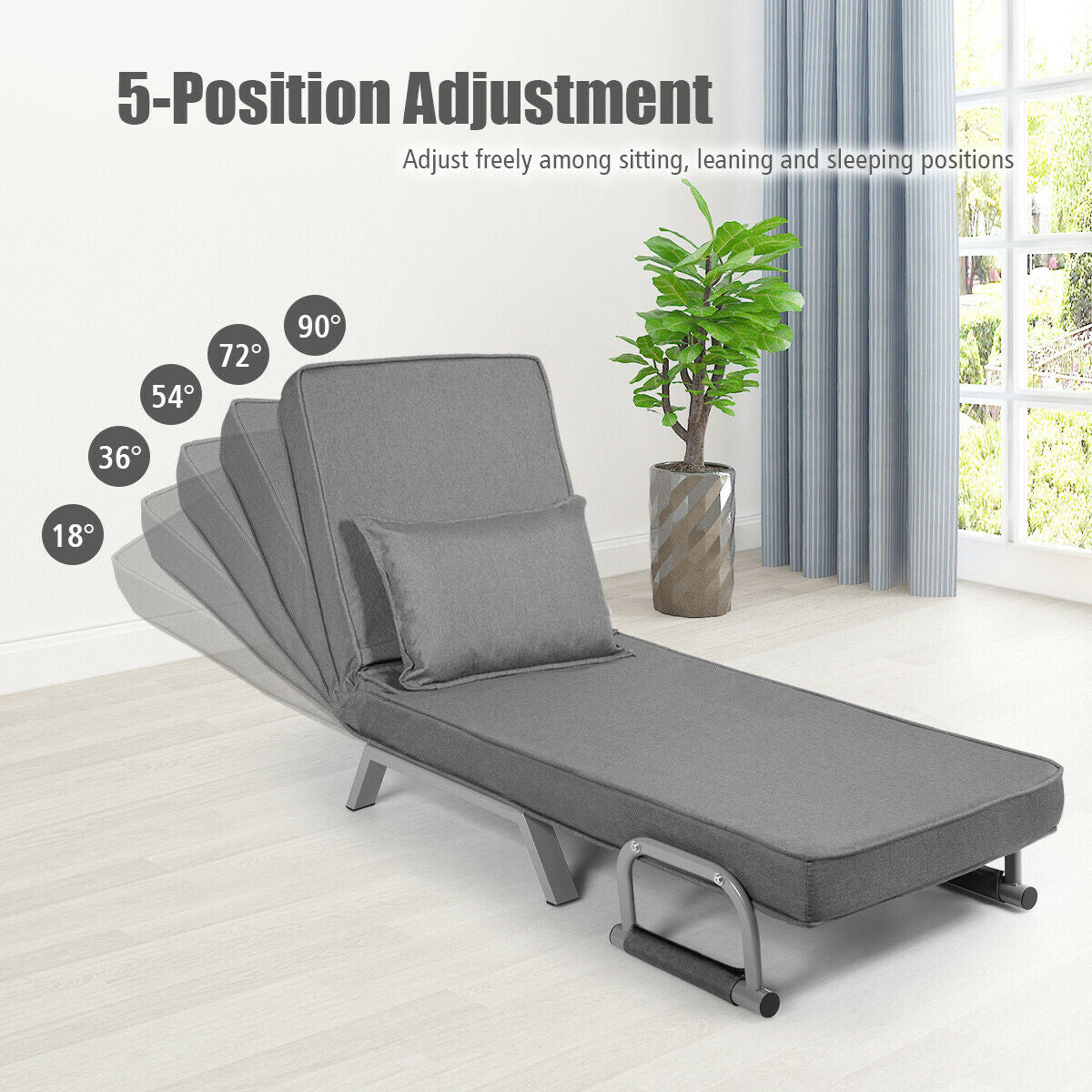 Folding 6 Position Convertible Sleeper Bed Armchair Lounge Couch with Pillow-GrayÂ