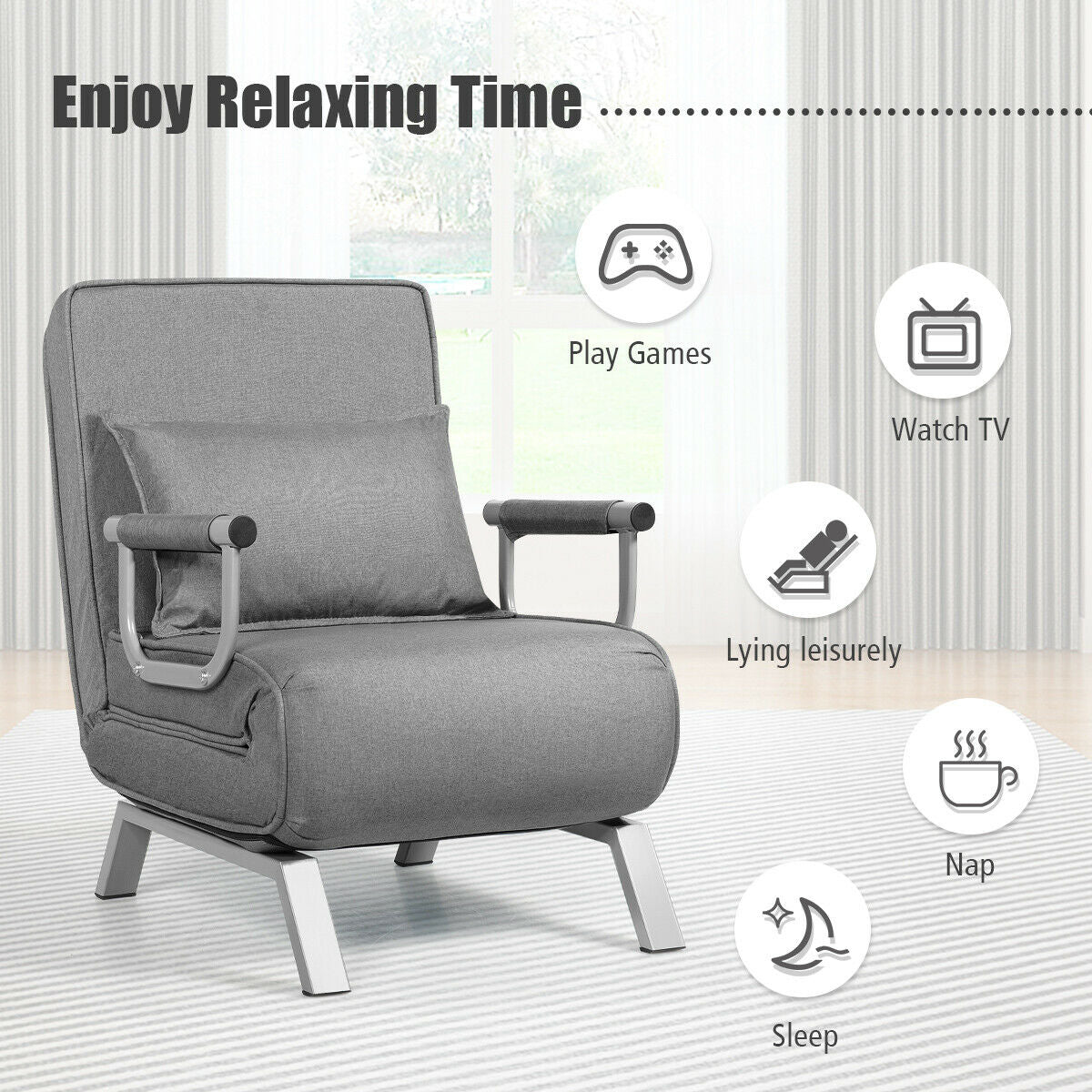Folding 6 Position Convertible Sleeper Bed Armchair Lounge Couch with Pillow-GrayÂ