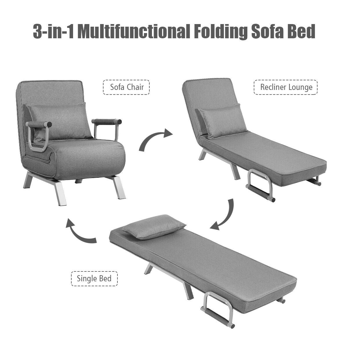 Folding 6 Position Convertible Sleeper Bed Armchair Lounge Couch with Pillow-GrayÂ