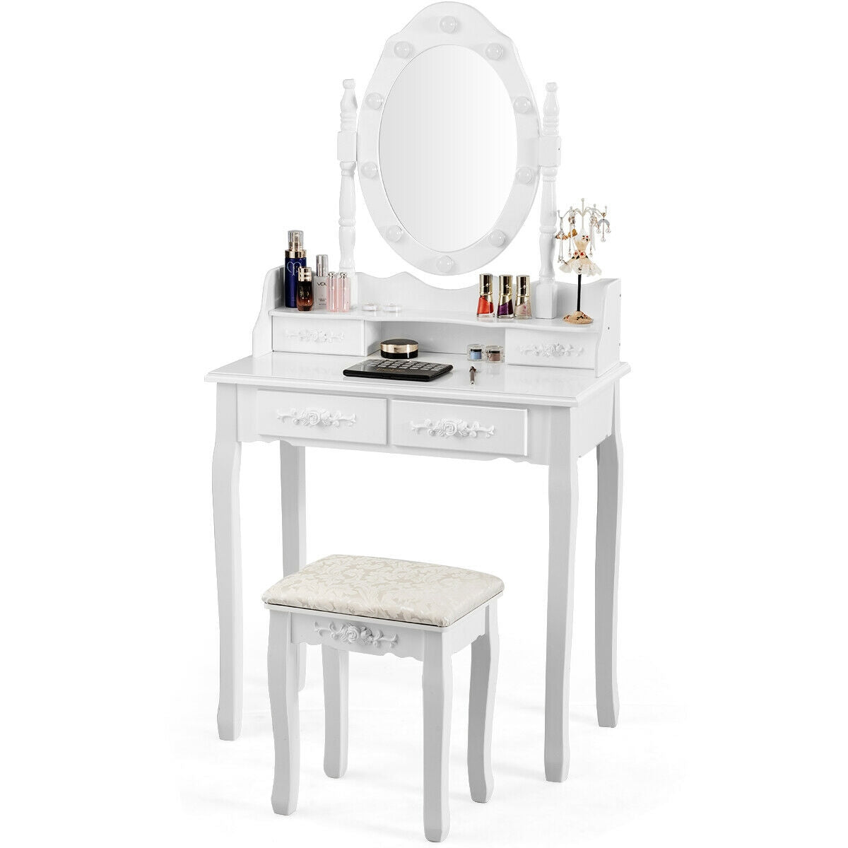 Vanity Table Set with Mirror and Soft Cushioned Stool-WhiteÂ