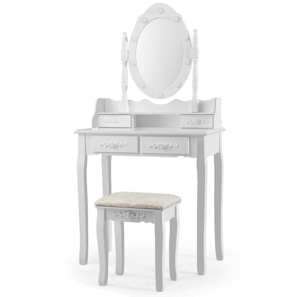 Vanity Table Set with Mirror and Soft Cushioned Stool-WhiteÂ