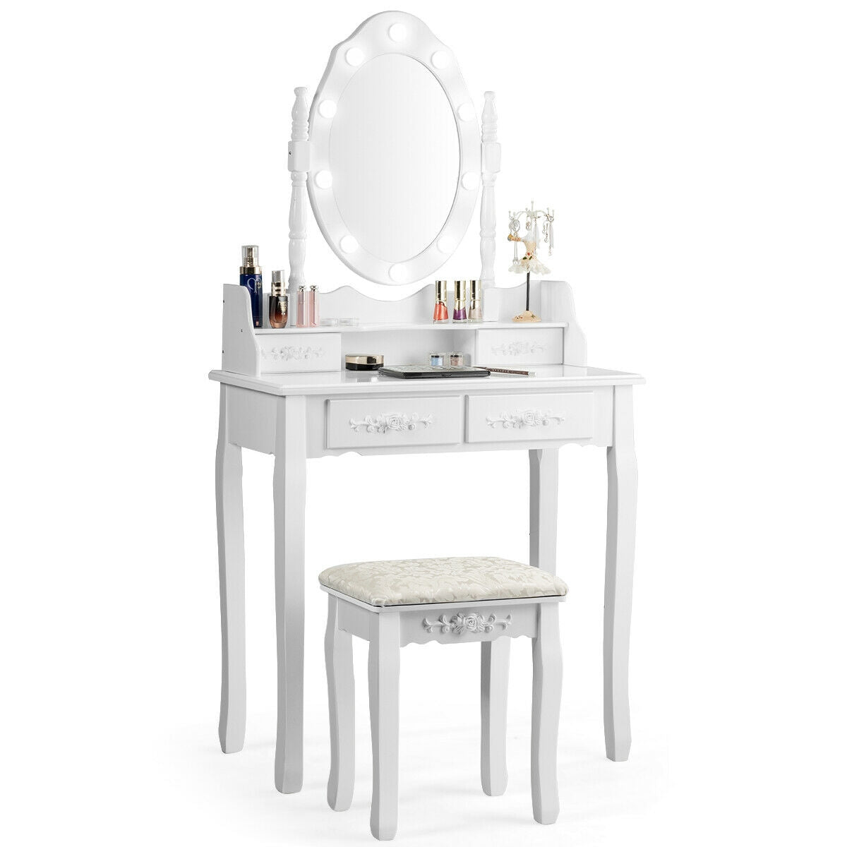 Vanity Table Set with Mirror and Soft Cushioned Stool-WhiteÂ