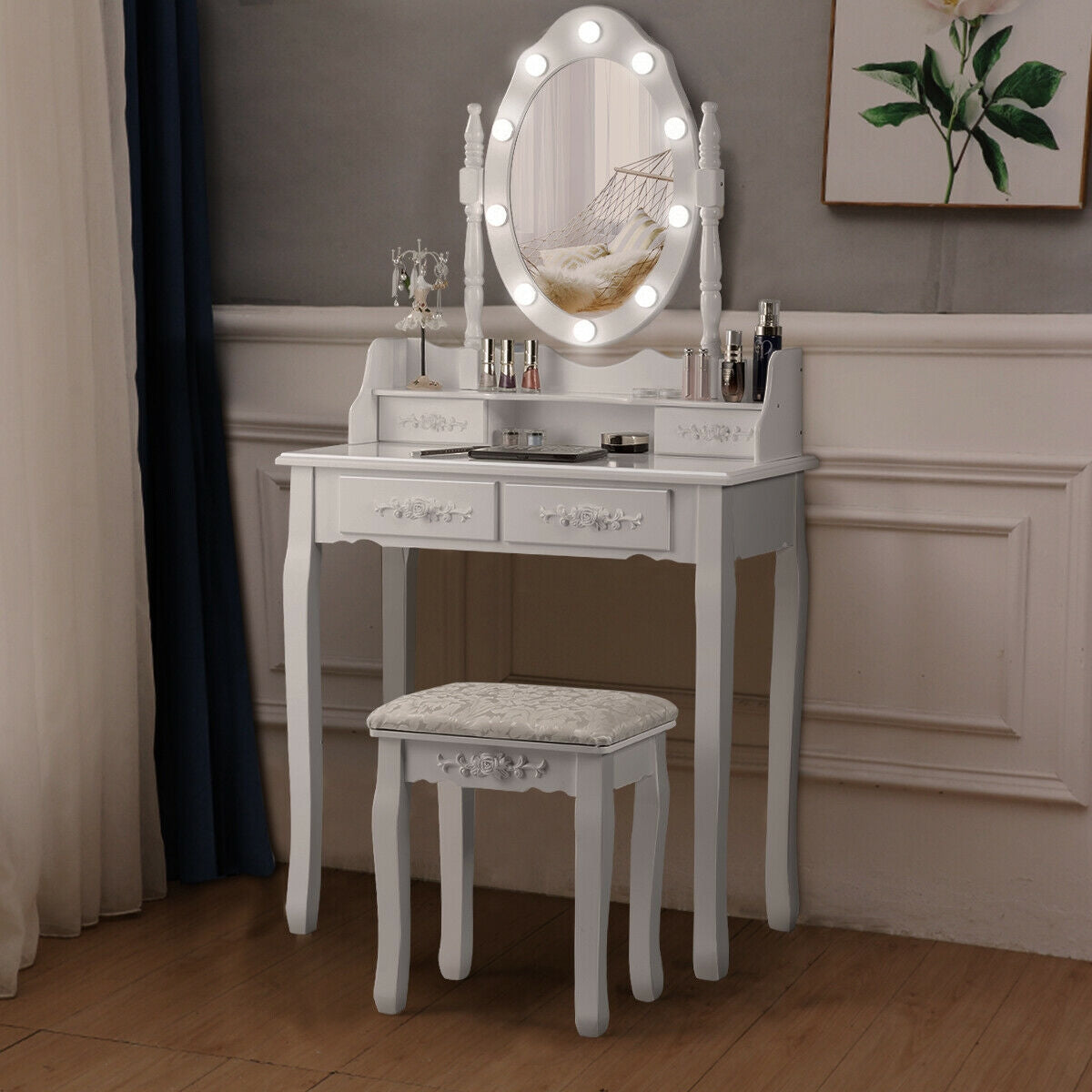 Vanity Table Set with Mirror and Soft Cushioned Stool-WhiteÂ