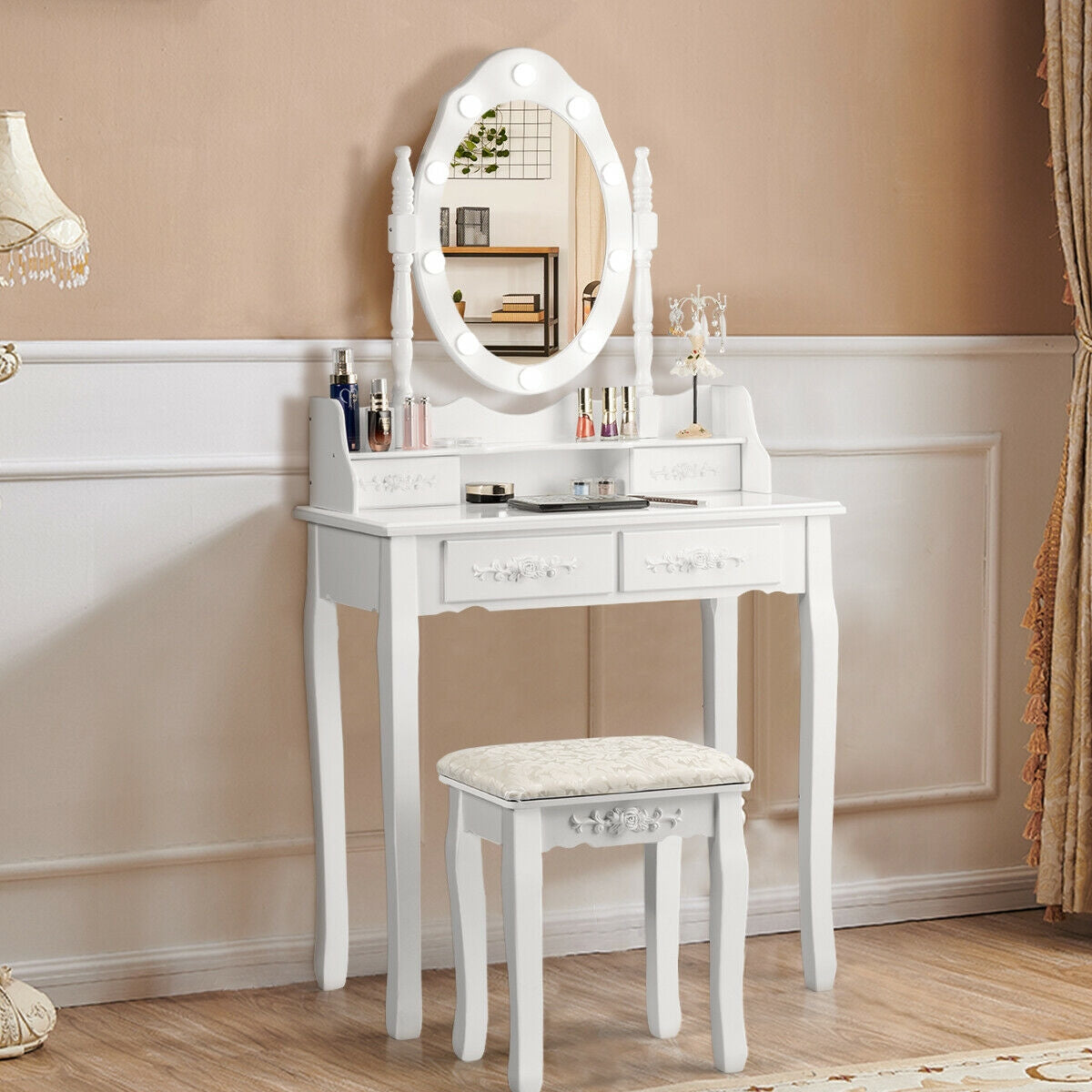 Vanity Table Set with Mirror and Soft Cushioned Stool-WhiteÂ