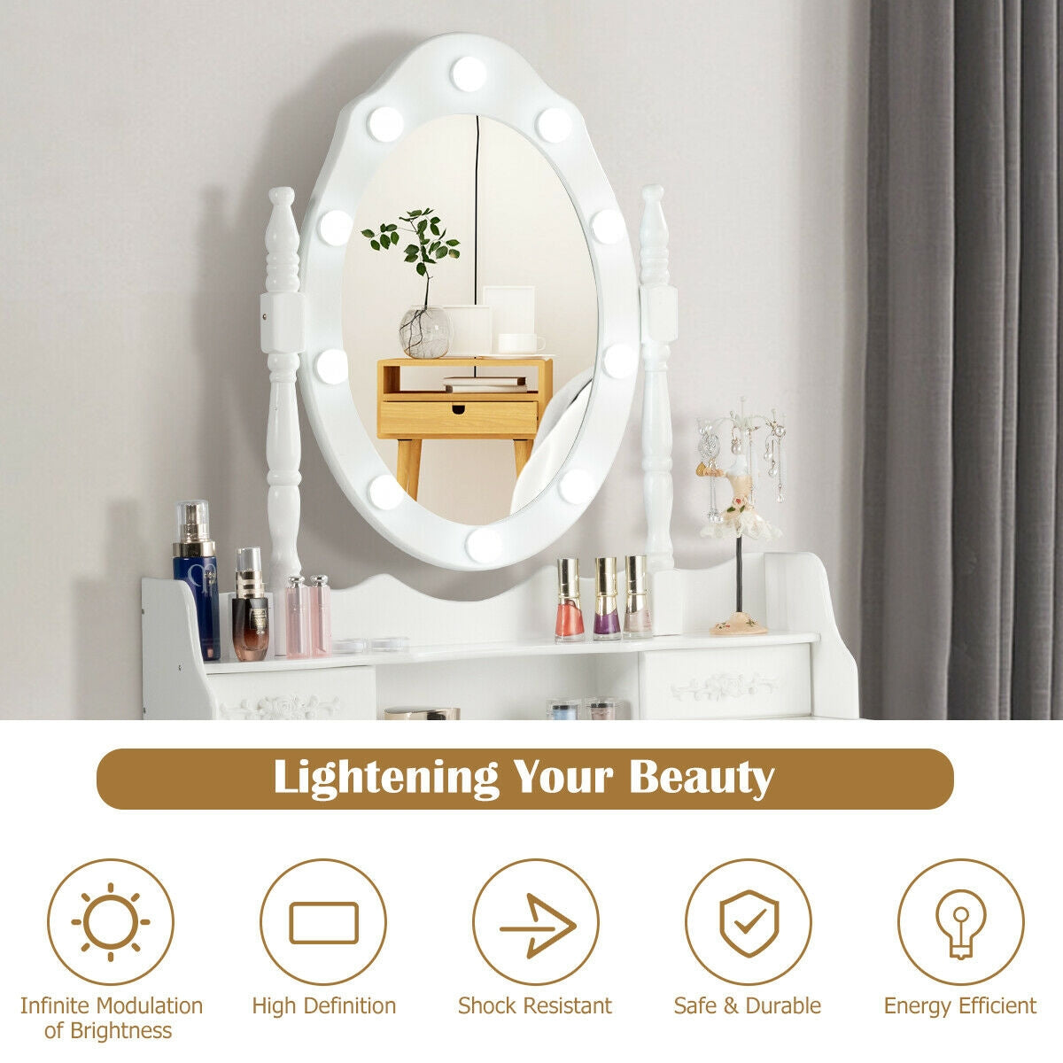 Vanity Table Set with Mirror and Soft Cushioned Stool-WhiteÂ