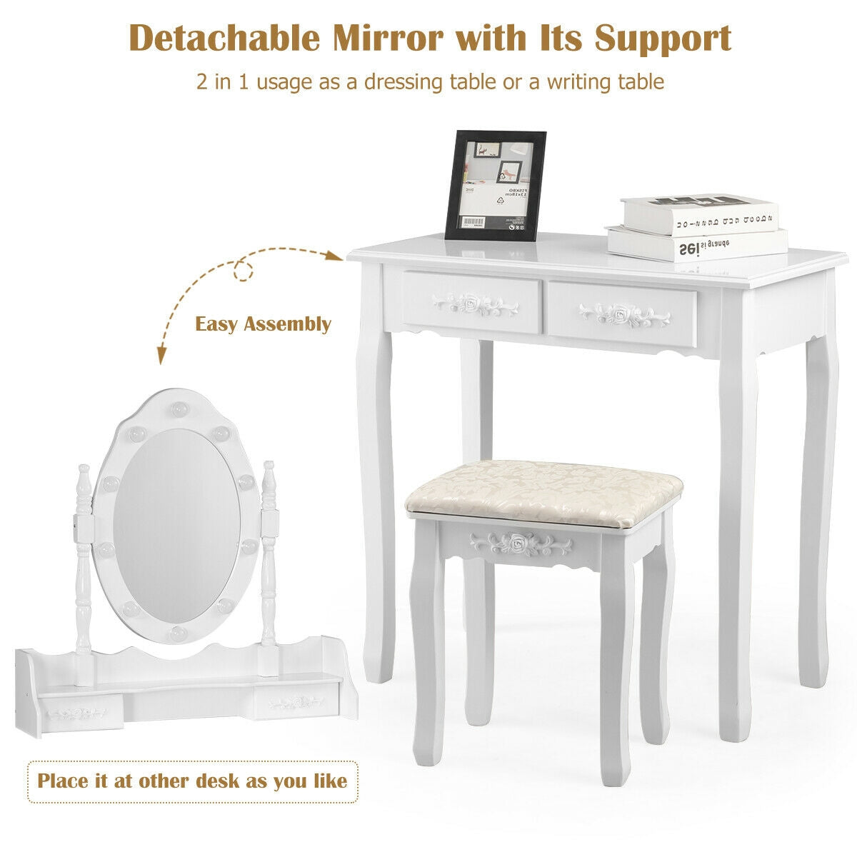 Vanity Table Set with Mirror and Soft Cushioned Stool-WhiteÂ