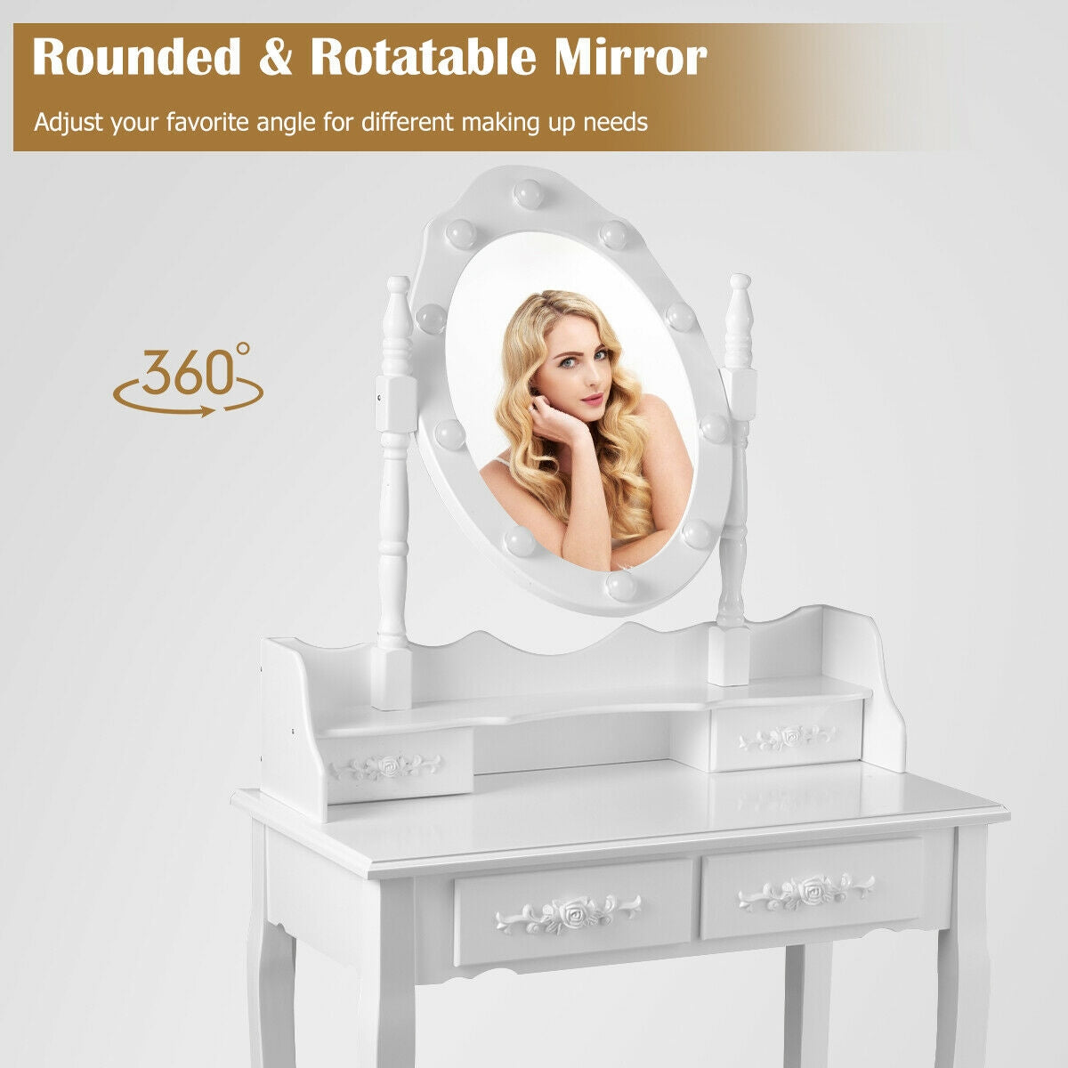 Vanity Table Set with Mirror and Soft Cushioned Stool-WhiteÂ