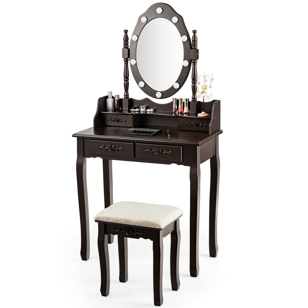 Vanity Table Set with Mirror and Soft Cushioned Stool-CoffeeÂ