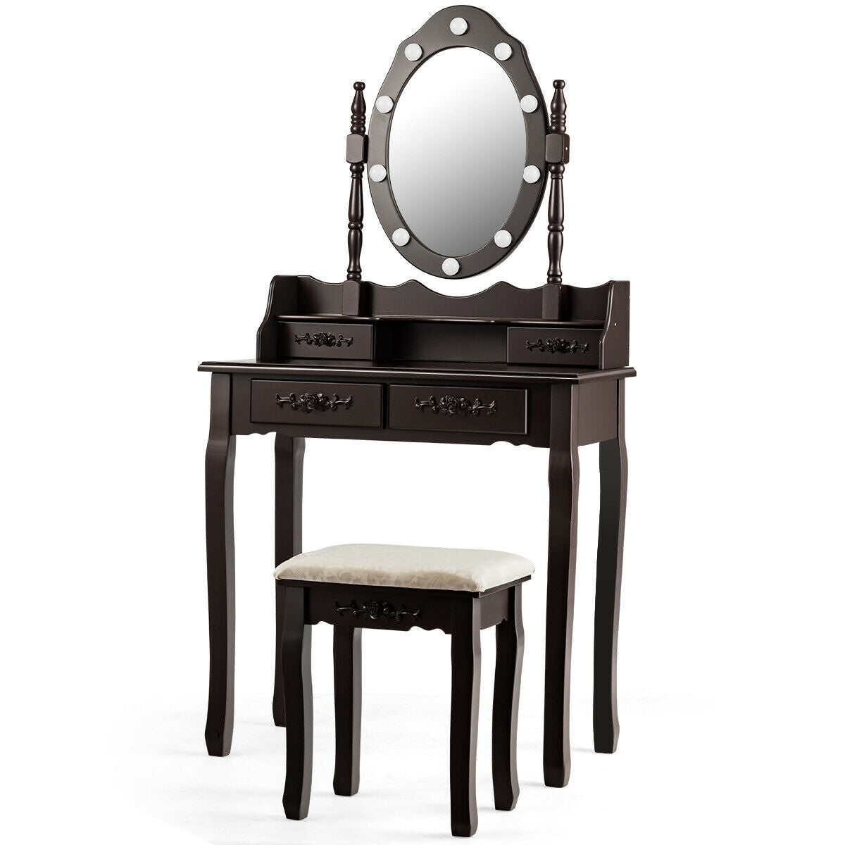 Vanity Table Set with Mirror and Soft Cushioned Stool-CoffeeÂ