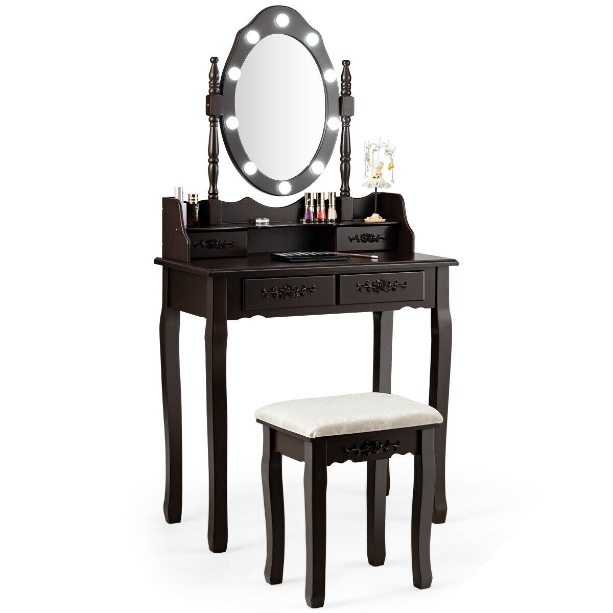 Vanity Table Set with Mirror and Soft Cushioned Stool-CoffeeÂ